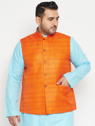 VASTRAMAY Men's Plus Size Orange Matka Silk Textured Nehru Jacket