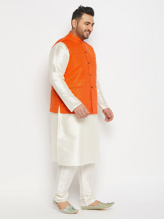 VASTRAMAY Men's Plus Size Orange Matka Silk Nehru Jacket With Cream Silk Blend Kurta and Pant style Pyjama Set