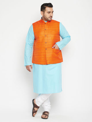 VASTRAMAY Plus Size Men's Aqua Blue Kurta And White Pyjama With Nehru Jacket Set