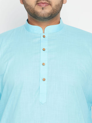 VASTRAMAY Plus Size Men's Aqua Blue Kurta And White Pyjama With Nehru Jacket Set