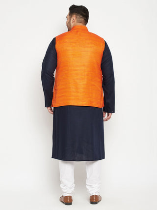 VASTRAMAY Men's Plus Size Navy Blue and Orange Cotton Blend Jacket Kurta Pyjama Set