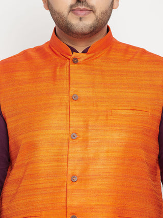 VASTRAMAY Men's Plus Size Purple and Orange Cotton Blend Jacket Kurta Pyjama Set