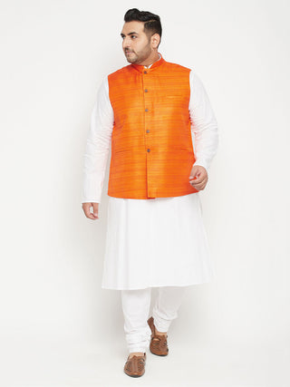 VASTRAMAY Men's Plus Size White and Orange Cotton Blend Jacket Kurta Pyjama Set