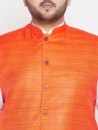 VASTRAMAY Men's Plus Size Orange Cotton Blend Jacket With White Kurta And Dhoti Set