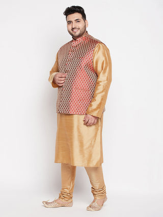 VASTRAMAY PLUS Men's Maroon Nehru Jacket With Rose Gold Kurta And Pyjama Set