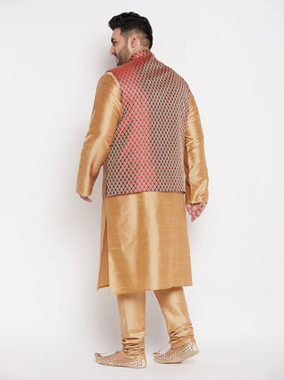 VASTRAMAY PLUS Men's Maroon Nehru Jacket With Rose Gold Kurta And Pyjama Set