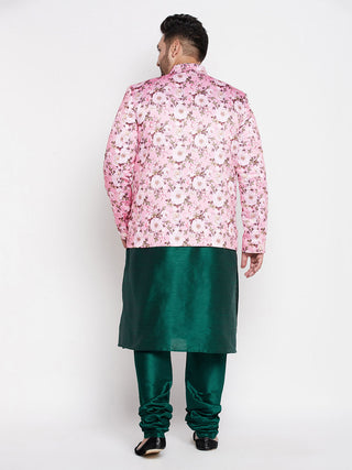 VASTRAMAY Men's Pink Silk Blend Jodhpuri With Dark Green Silk Blend Kurta Pyjama Set