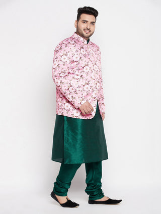 VASTRAMAY Men's Pink Silk Blend Jodhpuri With Dark Green Silk Blend Kurta Pyjama Set