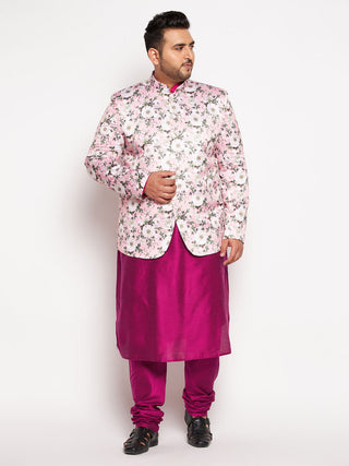 VASTRAMAY Men's Pink Silk Blend Jodhpuri With Fuchsia Kurta Pyjama Set