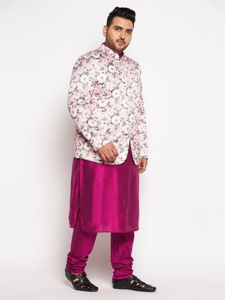 VASTRAMAY Men's Pink Silk Blend Jodhpuri With Fuchsia Kurta Pyjama Set