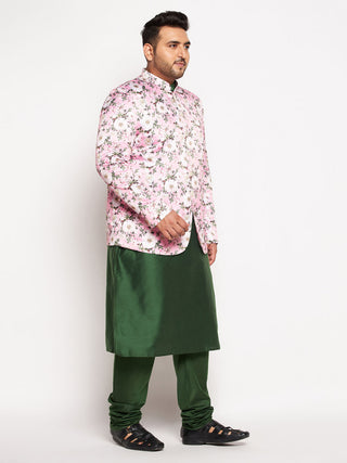 VASTRAMAY Men's Pink Silk Blend Jodhpuri With Dark Green Kurta Pyjama Set
