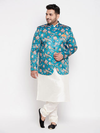 VASTRAMAY Men's Turquoise Blue Silk Blend Jodhpuri With Cream Kurta Pyjama Set