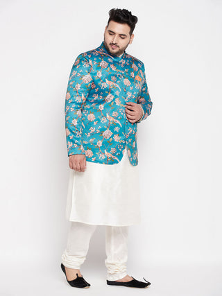 VASTRAMAY Men's Turquoise Blue Silk Blend Jodhpuri With Cream Kurta Pyjama Set
