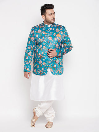 VASTRAMAY Men's Turquoise Blue Silk Blend Jodhpuri With White Kurta Pyjama Set