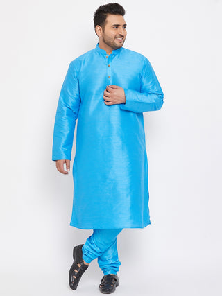 VASTRAMAY Men's Plus Size Aqua Blue Silk Blend Kurta