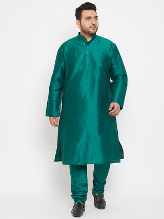 VASTRAMAY Men's Plus Size Green Silk Blend Kurta Pyjama Set