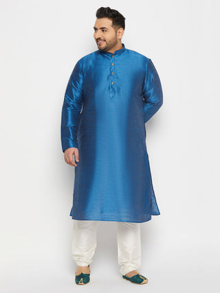 VASTRAMAY Men's Plus Size Turquoise Blue Silk Blend Kurta Pant Set