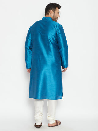 VASTRAMAY Men's Plus Size Turquoise Blue Silk Blend Kurta Pyjama Set