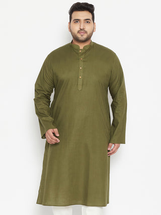 VASTRAMAY Men's Plus Size Mahendi Green Cotton Blend Kurta