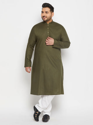 VASTRAMAY Men's Plus Size Mehndi Green Cotton Kurta And Cotton Pant Style Pyjama Set