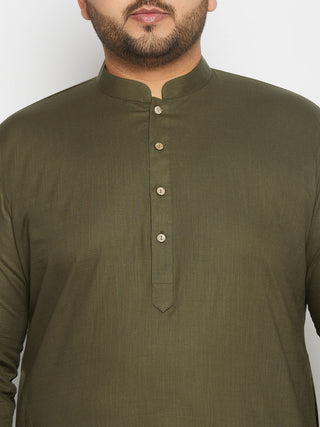 VASTRAMAY Men's Plus Size Mehndi Green Cotton Kurta And Cotton Pant Style Pyjama Set