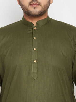 VASTRAMAY Men's Plus Size Mahendi Green And White Cotton Blend Kurta Pyjama Set