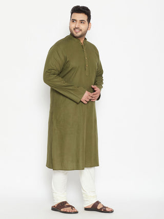VASTRAMAY Men's Plus Size Mehendi Green And Cream Cotton Blend Kurta Pyjama Set
