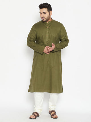 VASTRAMAY Men's Plus Size Mehendi Green And Cream Cotton Blend Kurta Pyjama Set