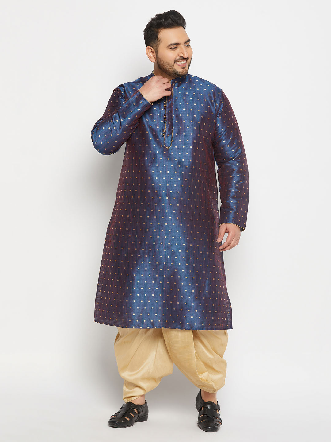 Men's Plus Size Navy Blue Zari Weaved Kurta Dhoti Set