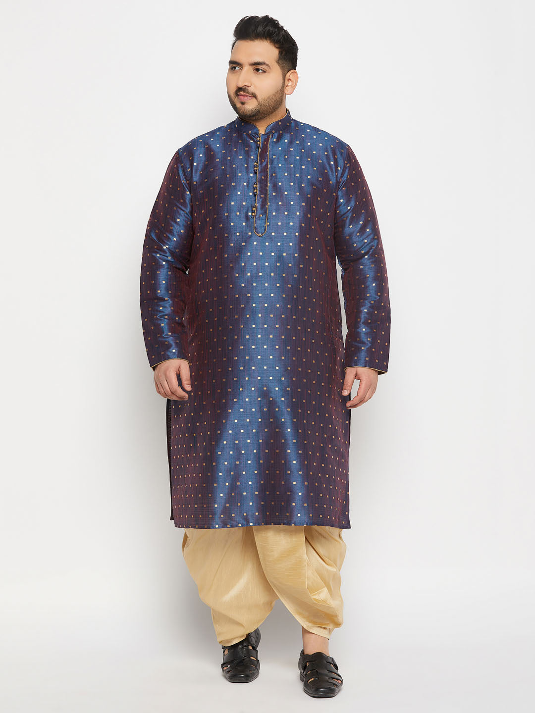 Men's Plus Size Navy Blue Zari Weaved Kurta Dhoti Set