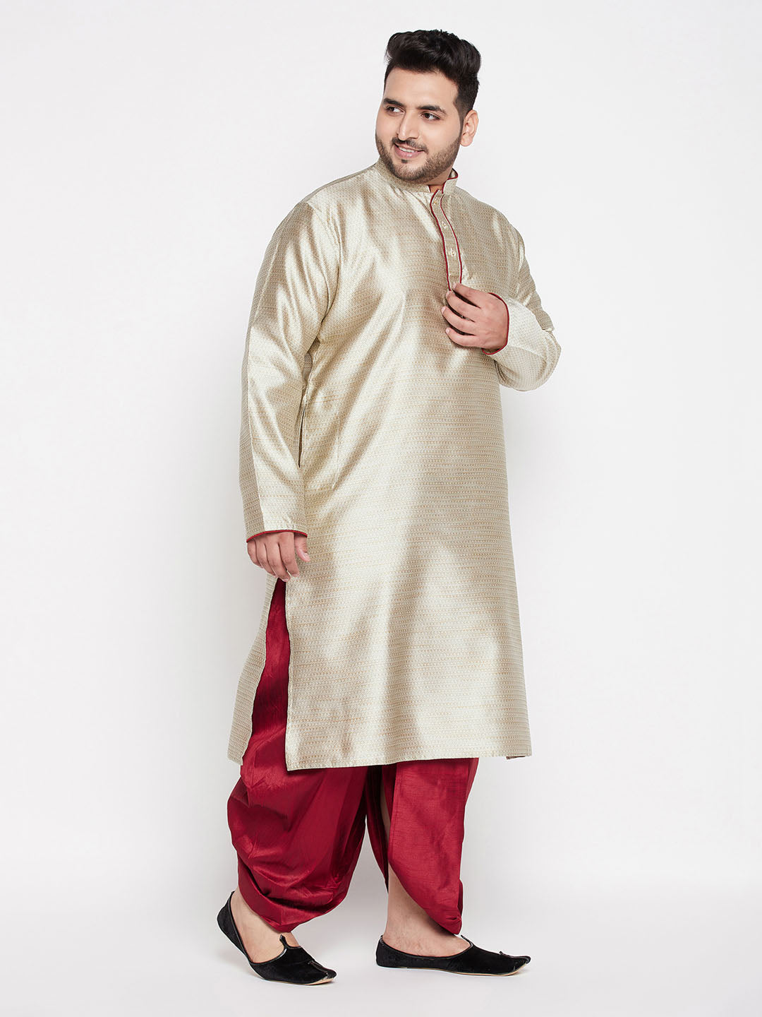 Men's Plus Size Beige Woven Kurta And Maroon Dhoti Set