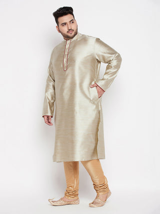 VASTRAMAY Men's Plus Size Beige Woven Kurta And Rose Gold Pyjama Set