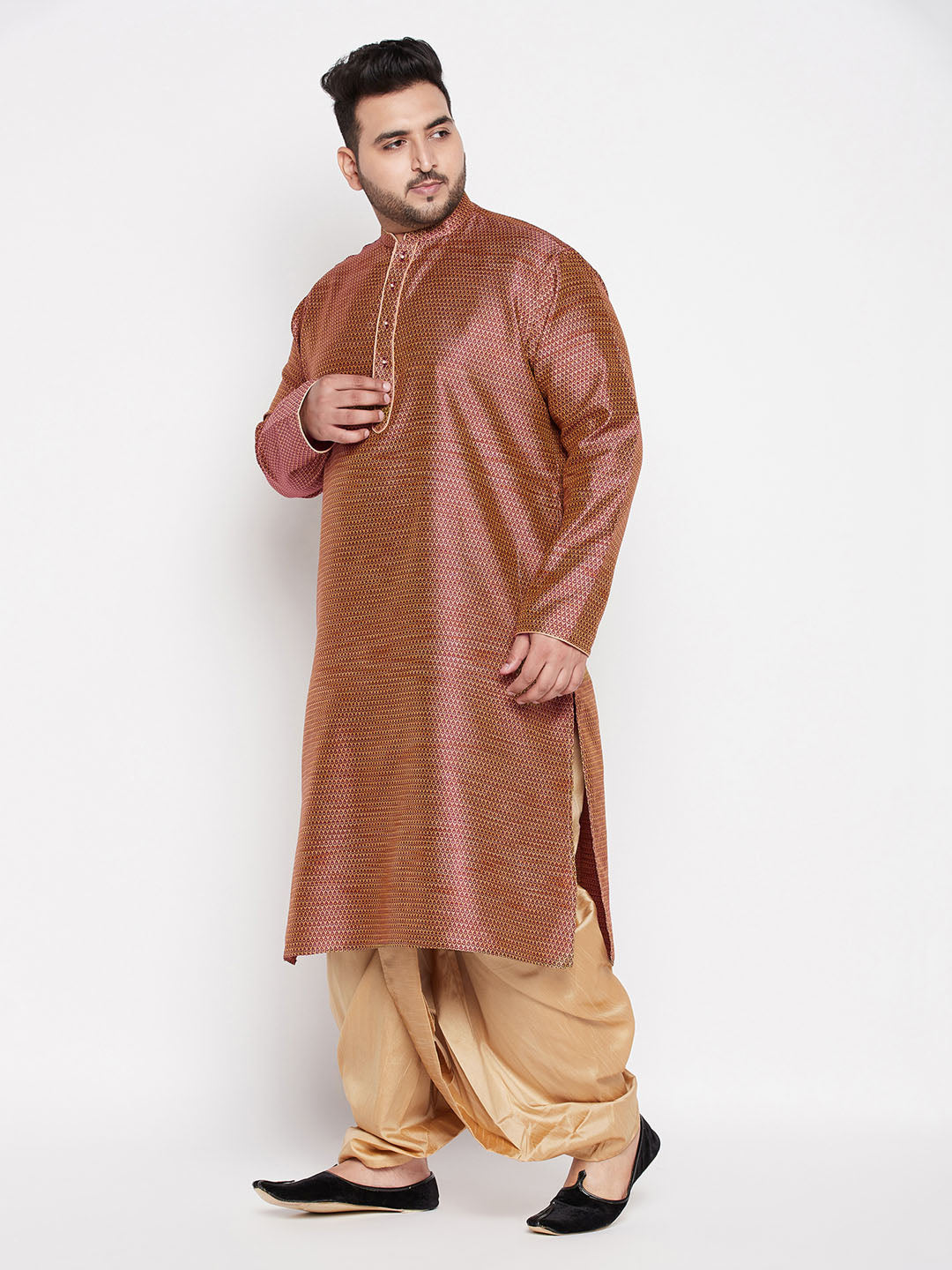 Men's Plus Size Maroon Woven Kurta And Rose Gold Dhoti Set