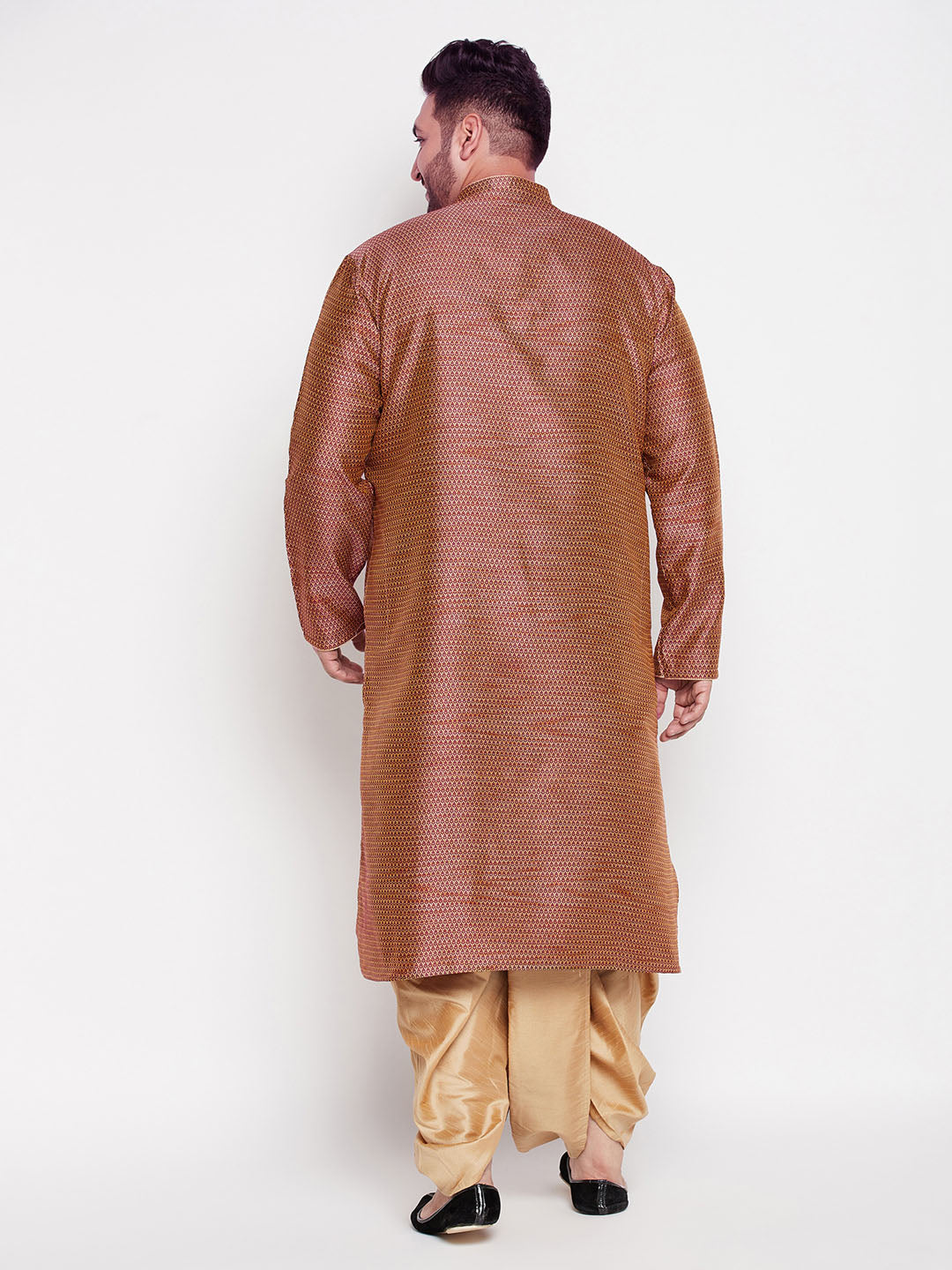 Men's Plus Size Maroon Woven Kurta And Rose Gold Dhoti Set