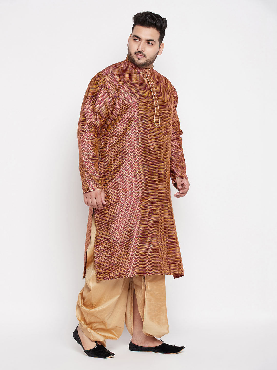 Men's Plus Size Maroon Woven Kurta And Rose Gold Dhoti Set