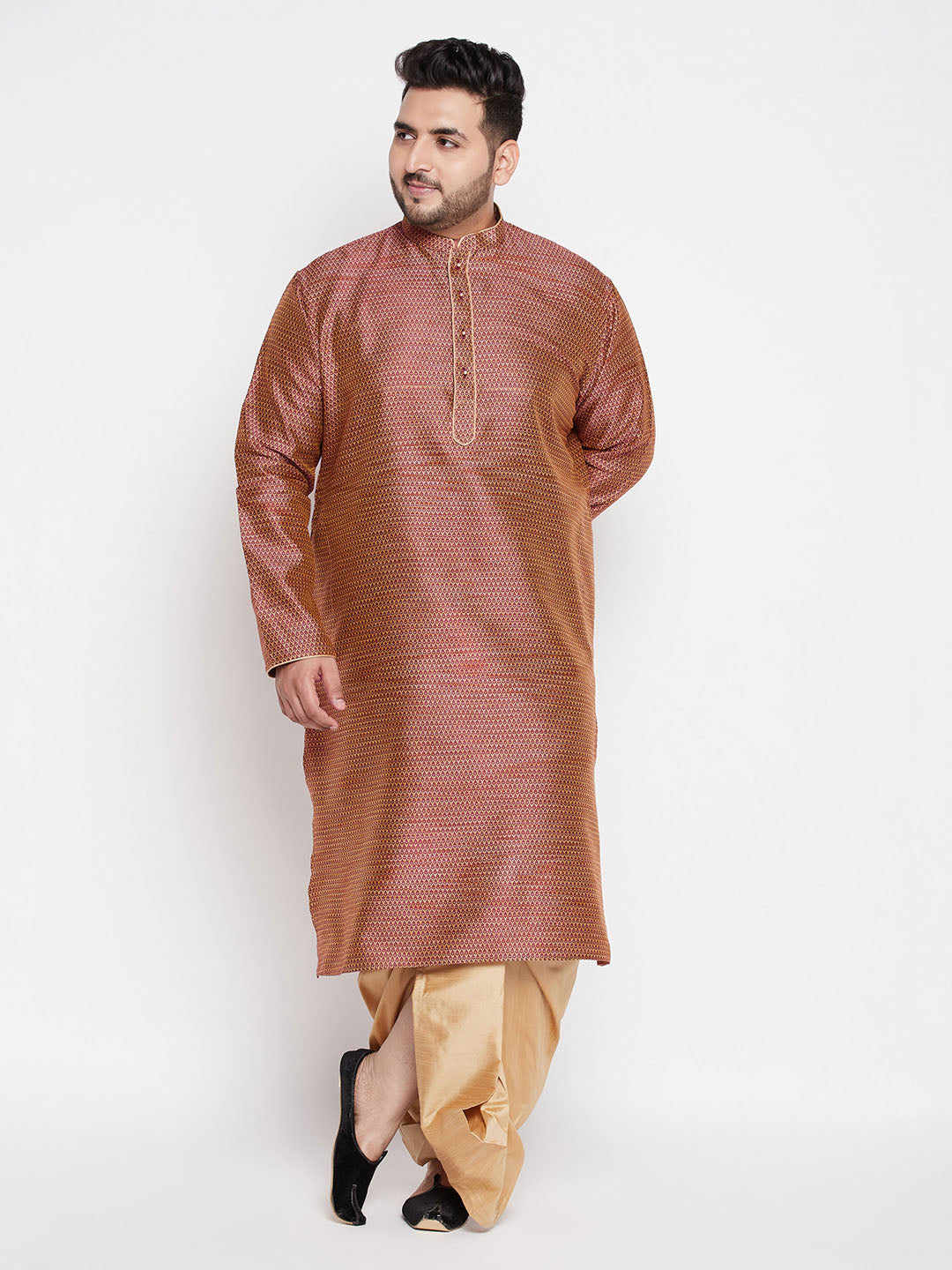 Men's Plus Size Maroon Woven Kurta And Rose Gold Dhoti Set