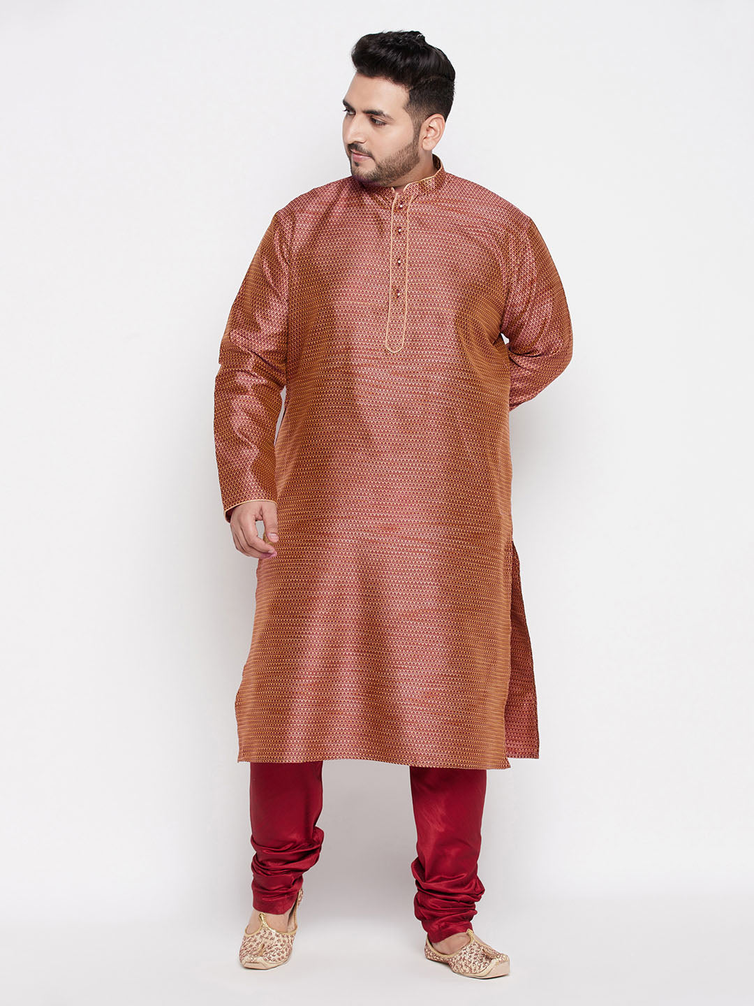Men's Plus Size Maroon Woven Kurta And Maroon Pyjama Set