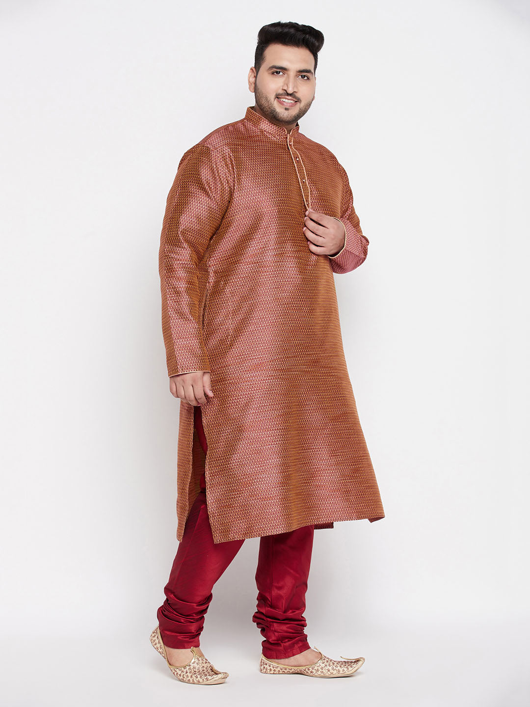 Men's Plus Size Maroon Woven Kurta And Maroon Pyjama Set