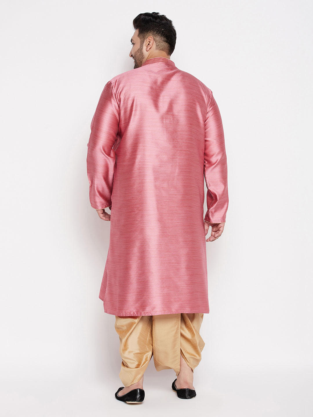Men's Plus Size Pink Woven Kurta And Rose Gold Dhoti Set