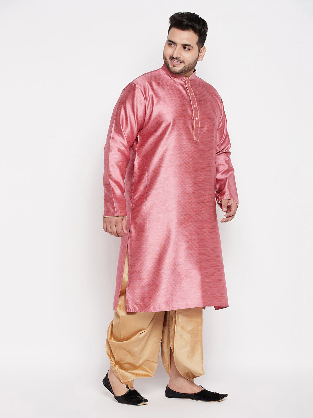 Men's Plus Size Pink Woven Kurta And Rose Gold Dhoti Set