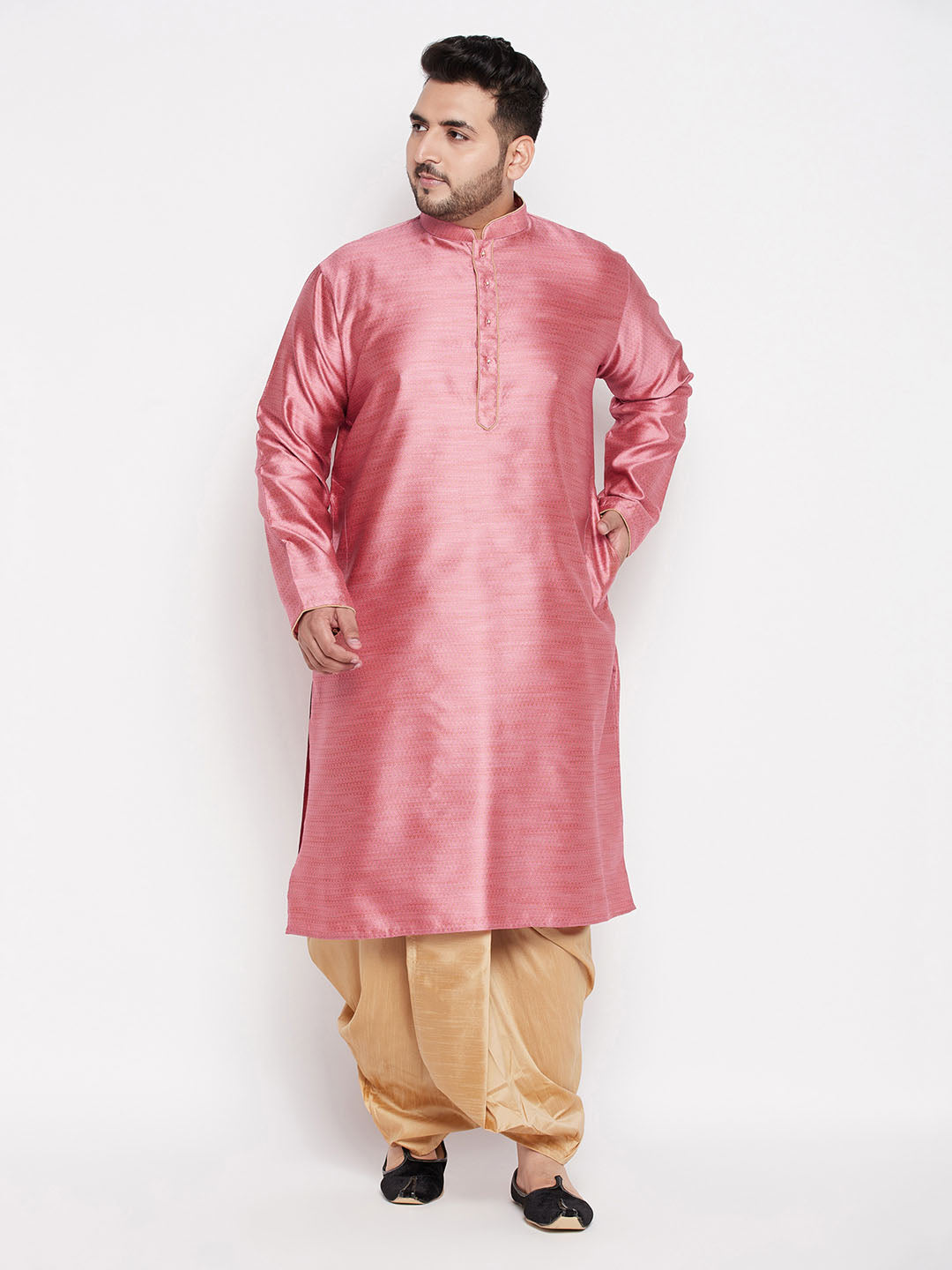 Men's Plus Size Pink Woven Kurta And Rose Gold Dhoti Set