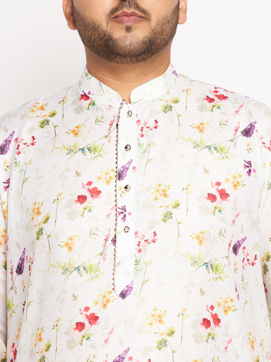 Men's Plus Size Cream Cotton Blend Printed Kurta