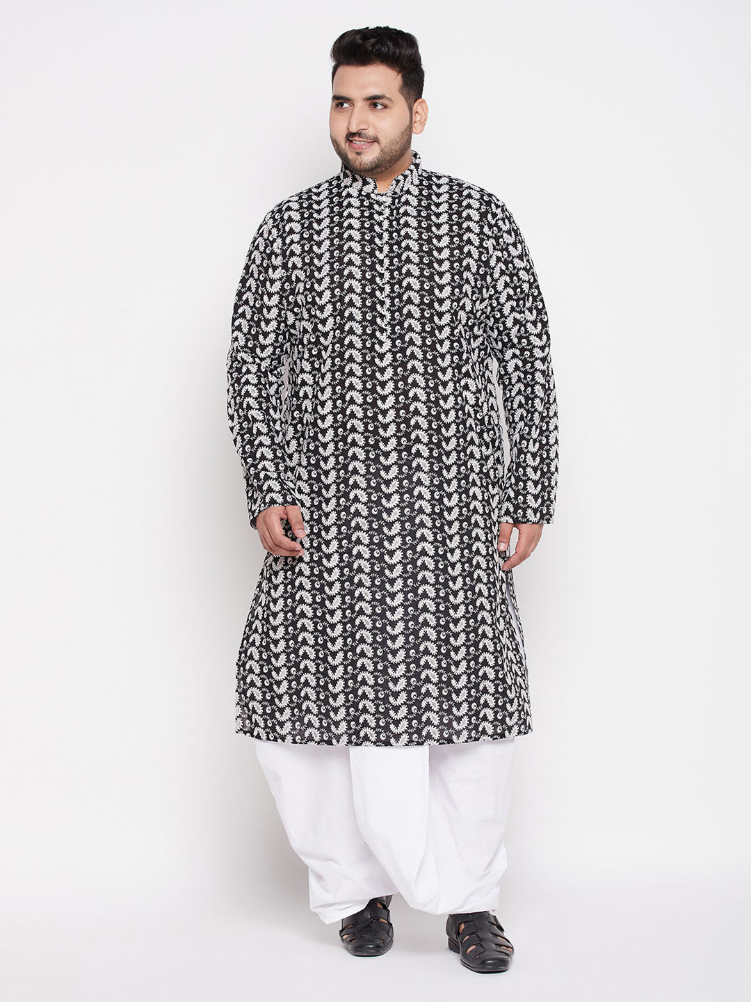 Men's Plus Size Black Chikankari Embroidered Kurta And White Dhoti Set