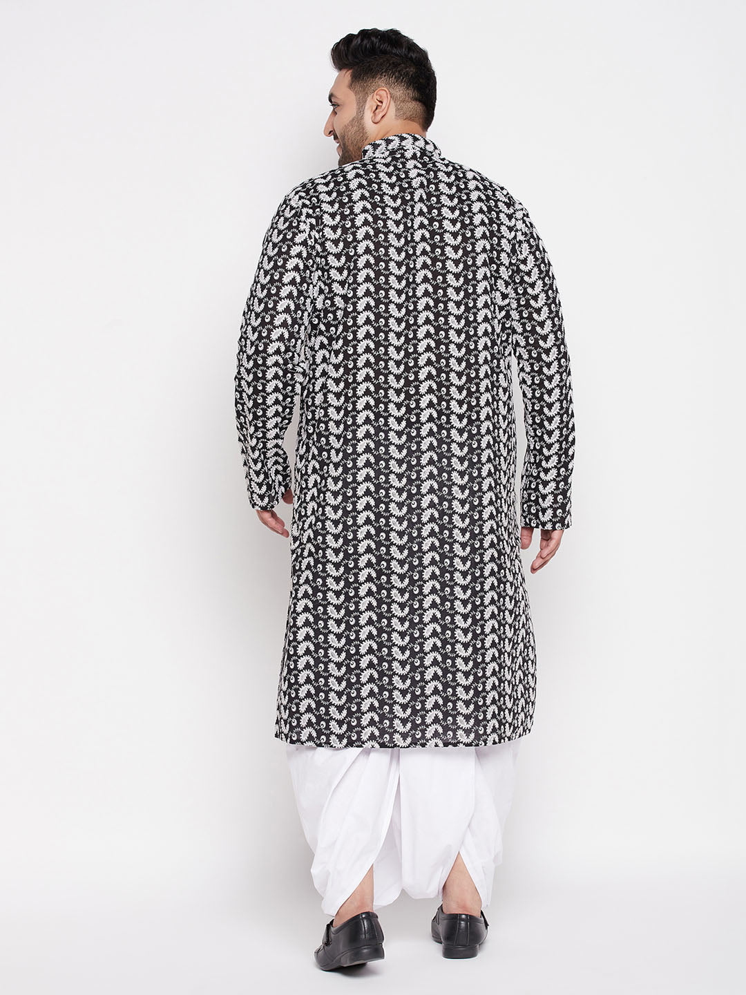 Men's Plus Size Black Chikankari Embroidered Kurta And White Dhoti Set