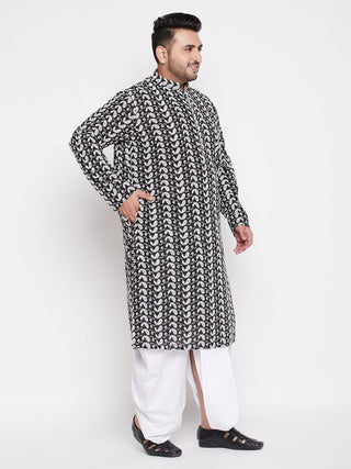 VASTRAMAY Men's Plus Size Black Chikankari Embroidered Kurta And White Dhoti Set
