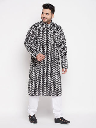 VASTRAMAY Men's Plus Size Black Chikankari Embroidered Kurta And White Pyjama Set