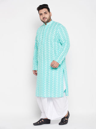 VASTRAMAY Men's Plus Size Green Chikankari Embroidered Kurta And White Dhoti Set