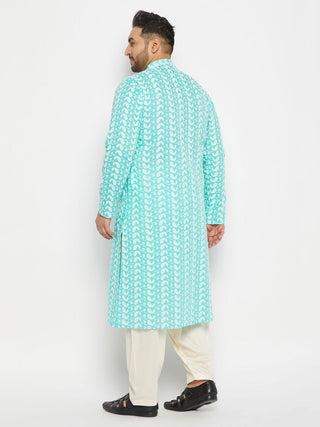 VASTRAMAY Men's Plus Size Green Chikankari Embroidered Kurta And Cream Patiala Set