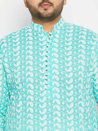 VASTRAMAY Men's Plus Size Green Chikankari Embroidered Kurta And Cream Patiala Set