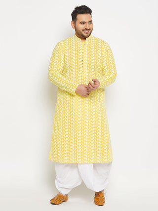 VASTRAMAY Men's Plus Size Mustard Chikankari Embroidered Kurta And White Dhoti Set